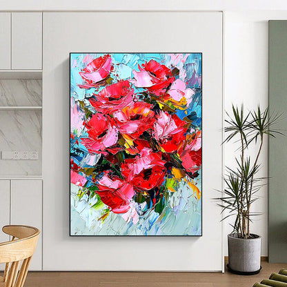 Bold contemporary abstract art featuring vibrant red roses with dynamic impasto texture and energetic brushstrokes for a striking visual impact. DLZ1158