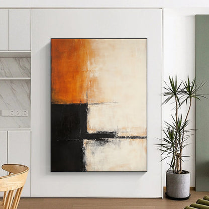 Contemporary abstract painting features soft orange, white, and black layers with architectural-like dark lines, creating depth in a minimalist style. DLZ1043