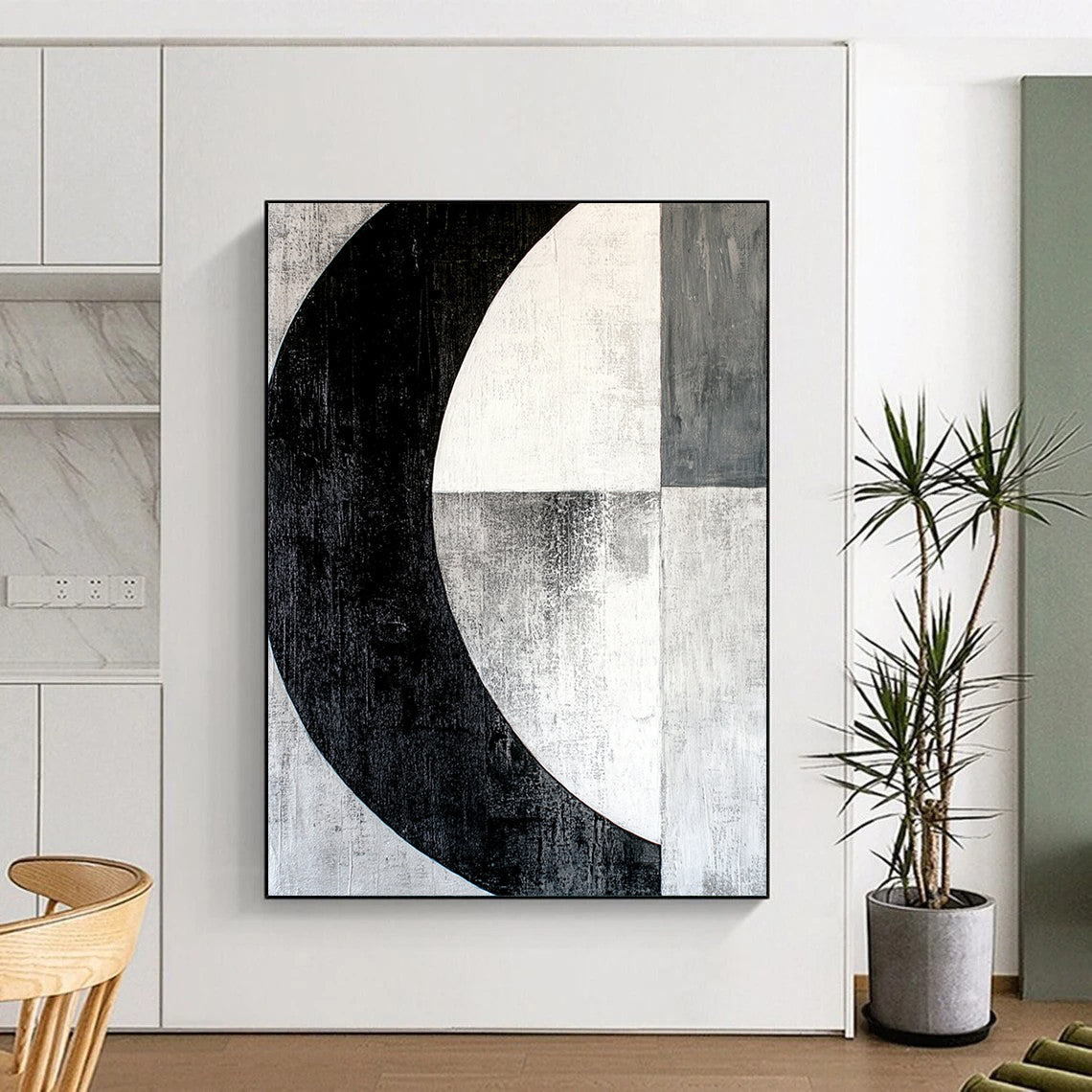 Black, White, Gray, Textured Crescent "Midnight Moon" Abstract Expressionist Painting On Canvas HB104