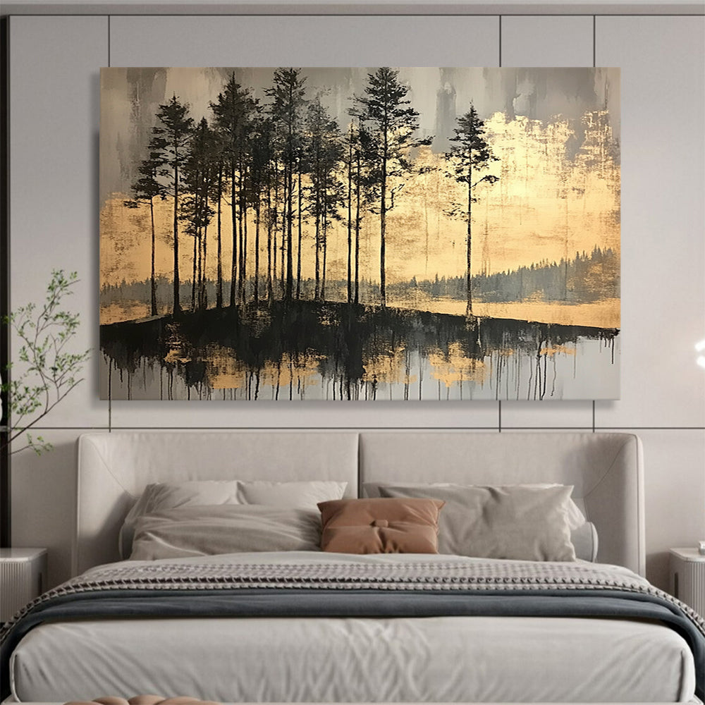 “Gilded Forest Reflections” - Dark grays, blacks, shimmering golds; Silhouetted trees, reflective water; Minimalist Landscape Painting On Canvas HB1158