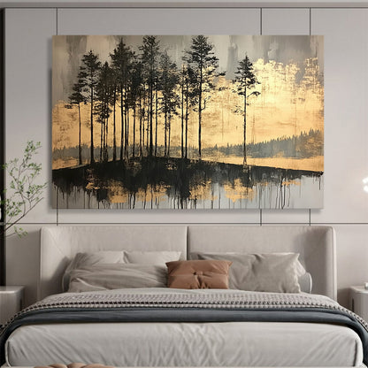“Gilded Forest Reflections” - Dark grays, blacks, shimmering golds; Silhouetted trees, reflective water; Minimalist Landscape Painting On Canvas HB1158