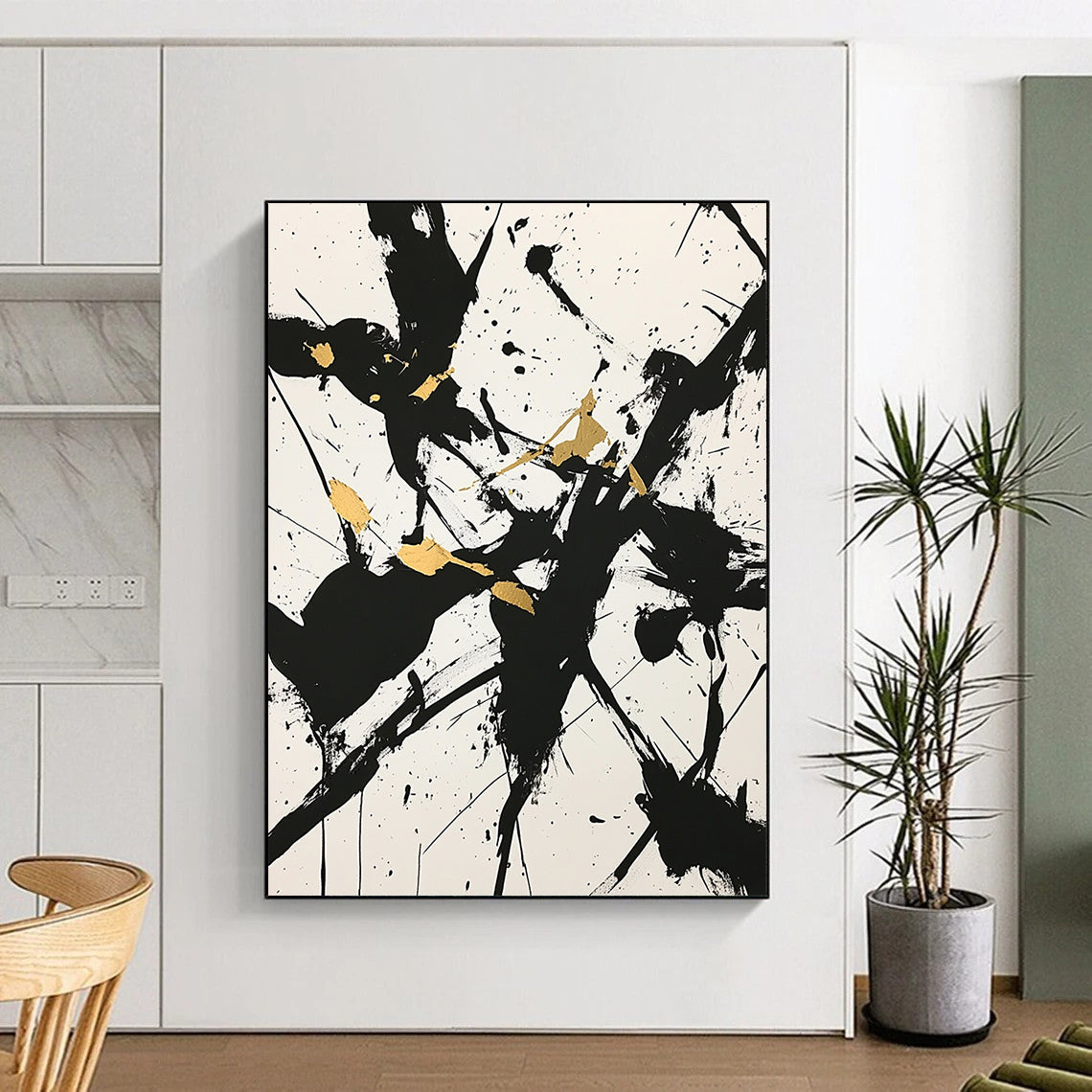 White, Black, Gold, Splattered Shapes "Golden Chaos" Abstract Expressionist Painting On Canvas HB077