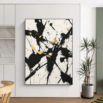White, Black, Gold, Splattered Shapes "Golden Chaos" Abstract Expressionist Painting On Canvas HB077