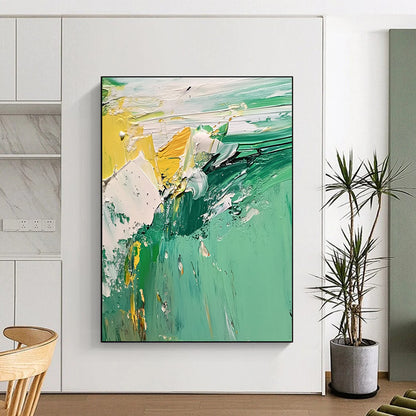 Contemporary abstract artwork featuring a vibrant green and white landscape with textured seafoam created using thick oil and acrylic paint techniques. DLZ0598