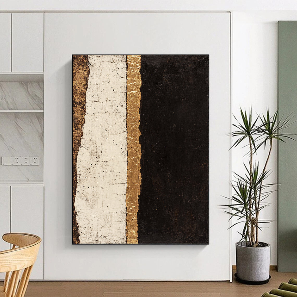 Black, White, Gold, Textured Stripes "Gilded Divide" Abstract Minimalist Painting On Canvas HB082