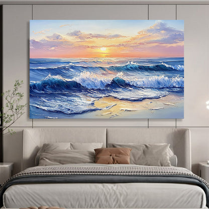 “Sunset Sea Waves” - Blues, Oranges, Yellows, Ocean Waves at Sunset - Impasto Oil Painting HB1706
