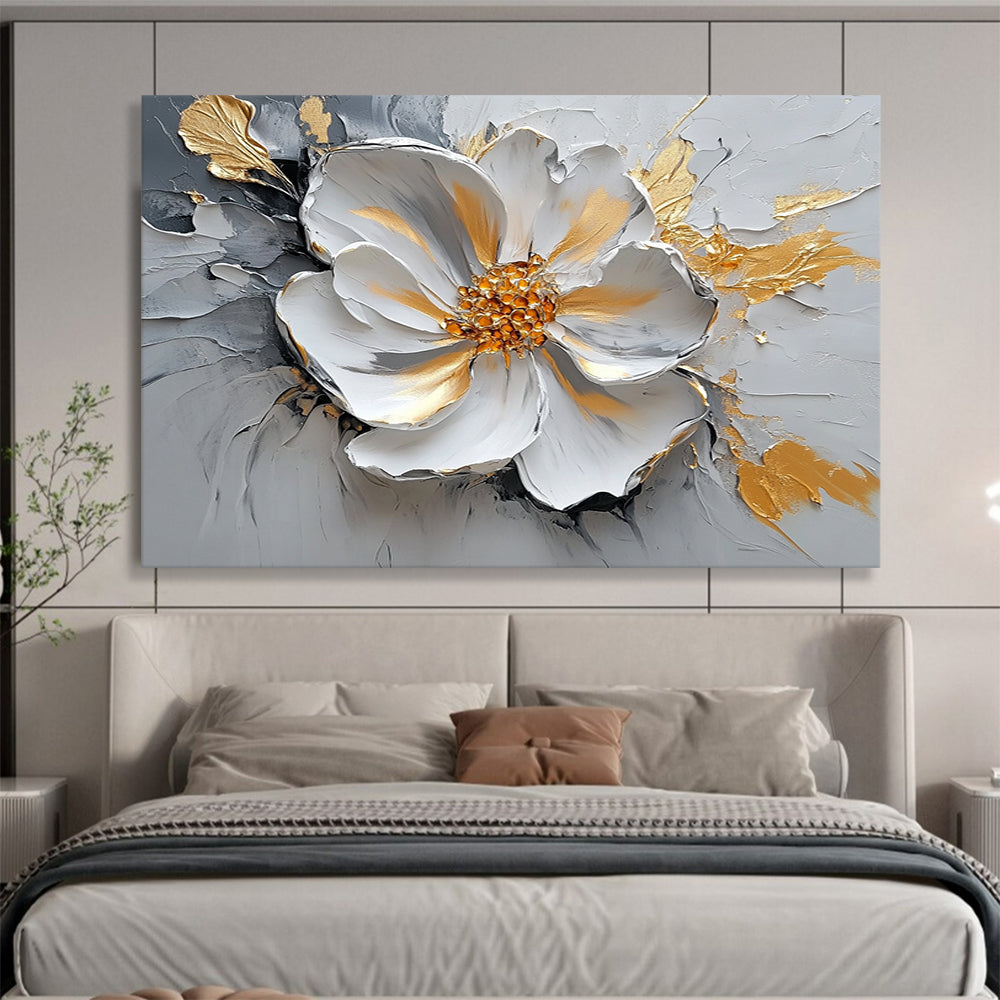 “Textured Floral Elegance” - Gray, White, Gold, 3D - like Abstract Flower Painting On Canvas HB1083