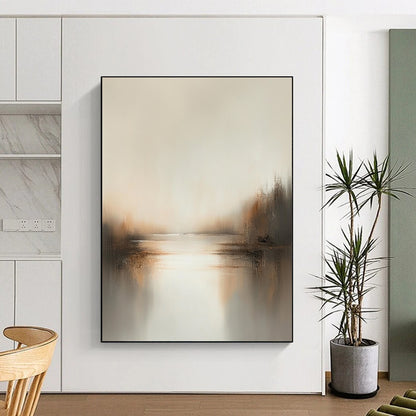 Contemporary abstract painting showcasing soft neutrals and earthy tones, enveloped in hazy light for a serene, dreamlike feel. DLZ0398