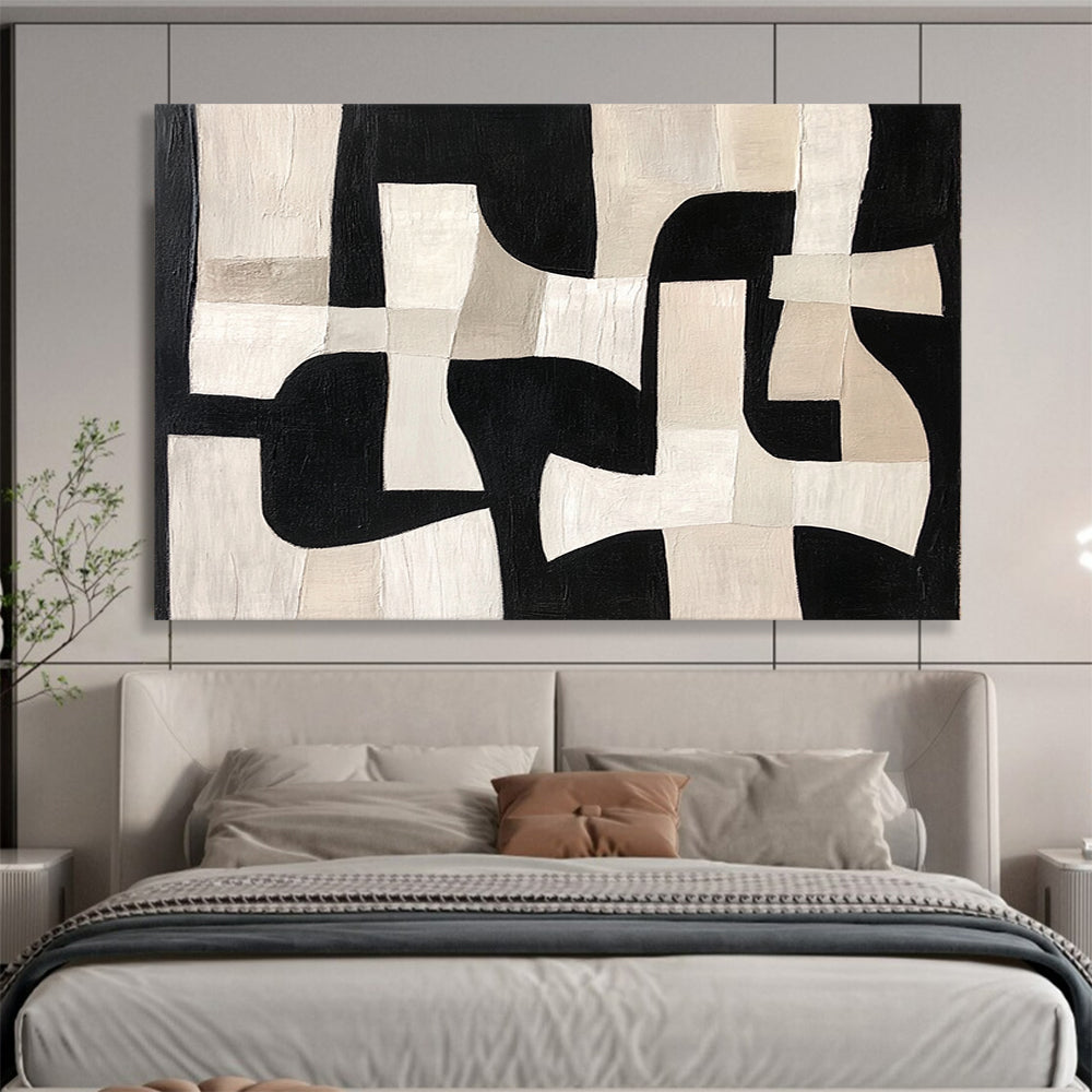 “Monochrome Geometric Interplay” - Black, White, Beige - Abstract Geometric Puzzle - Acrylic Painting HB1312