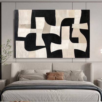 “Monochrome Geometric Interplay” - Black, White, Beige - Abstract Geometric Puzzle - Acrylic Painting HB1312