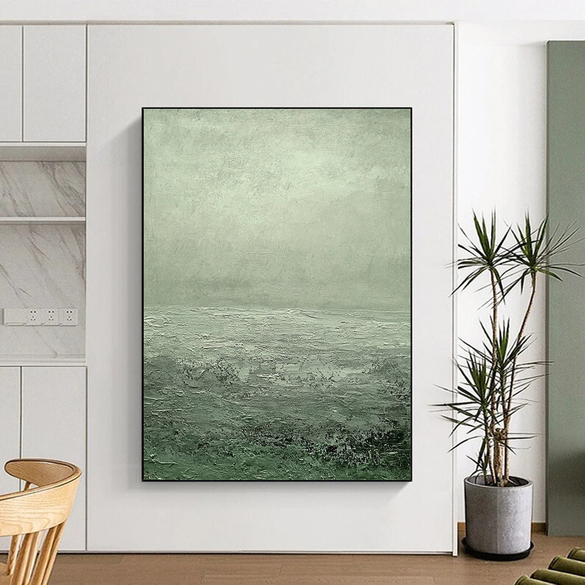 Contemporary hand-painted abstract art featuring a serene gray-green sea with ripples and soft clouds creating a tranquil atmosphere. DLZ1276