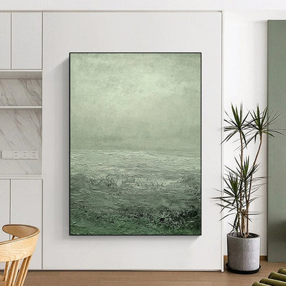 Contemporary hand-painted abstract art featuring a serene gray-green sea with ripples and soft clouds creating a tranquil atmosphere. DLZ1276