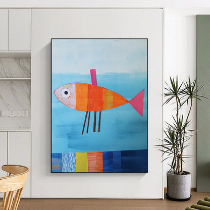 Contemporary abstract artwork features a paper fish in blue water with colorful details and textured fins against a playful backdrop. DLZ1260