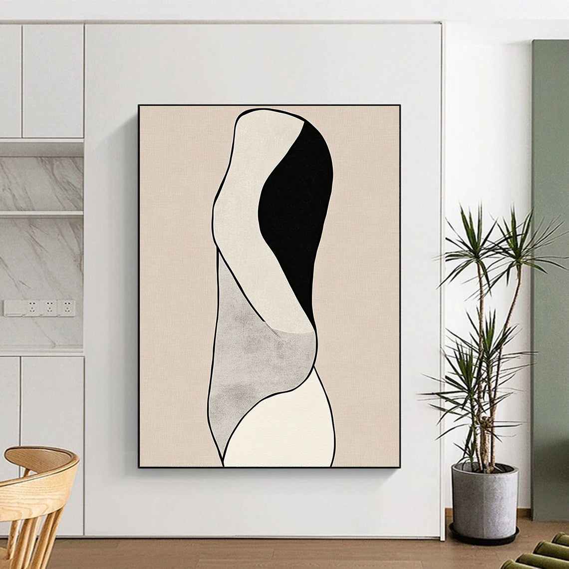 Contemporary hand-drawn abstract artwork featuring minimalist line art and woman's body curves against a black and white design on a beige background. DLZ1632