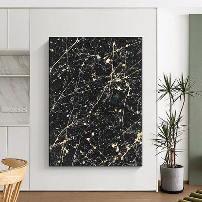 Black, White, Yellow, Marbled Patterns "Starry Night Marble" Abstract Modernist Painting On Canvas HB049