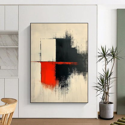 Contemporary hand-painted abstract art features thick dark gray brushstrokes with red accents on a white background showcasing elegant shapes and lines. DLZ1638