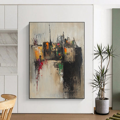 Contemporary abstract artwork featuring an old village with tight brushstrokes in muted earth tones accented by splashes of pink yellow green and orange. DLZ0959