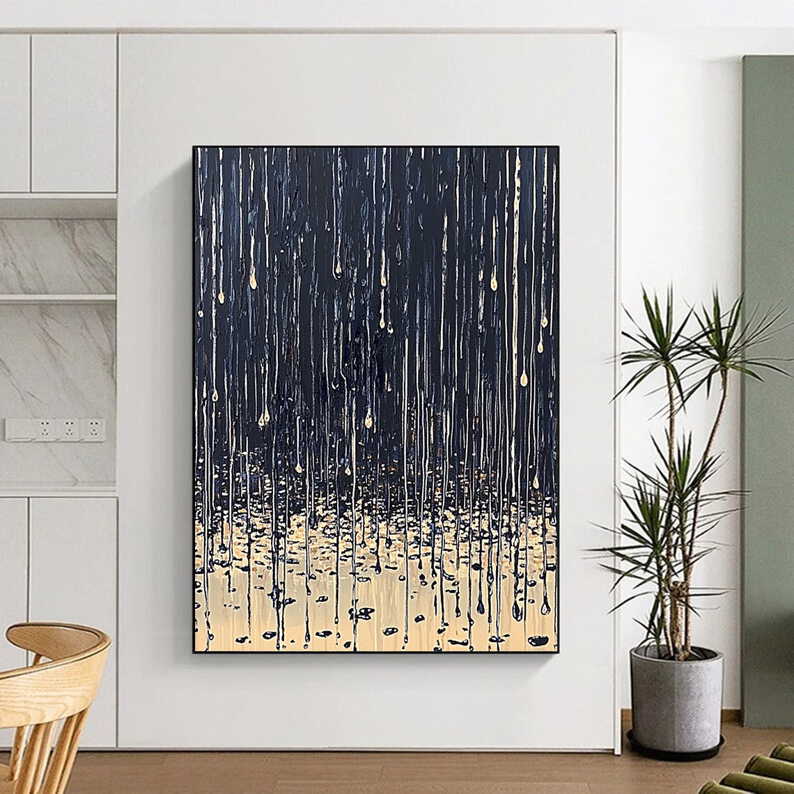 Contemporary abstract painting depicting rain on ground with dark blue beige palette thick paint drips and tranquil reflections on wet surfaces. DLZ0634