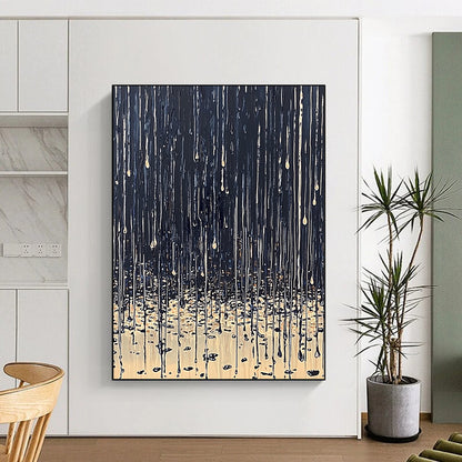 Contemporary abstract painting depicting rain on ground with dark blue beige palette thick paint drips and tranquil reflections on wet surfaces. DLZ0634