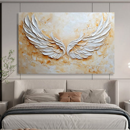 “3D White Angel Wings” - White, Beige, Textured 3D Wings Painting On Canvas HB0781