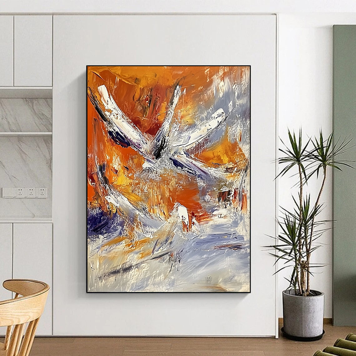 Contemporary abstract painting showcases vibrant orange and white hues with expressive brushstrokes and heavy impasto texture, evoking a captivating flight to space. DLZ0864