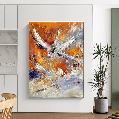 Contemporary abstract painting showcases vibrant orange and white hues with expressive brushstrokes and heavy impasto texture, evoking a captivating flight to space. DLZ0864