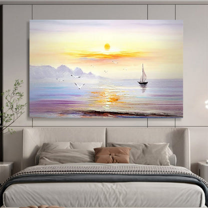 Sunset Sea Sailboat Oil Painting - Large Coastal Living Room Art DLZ181