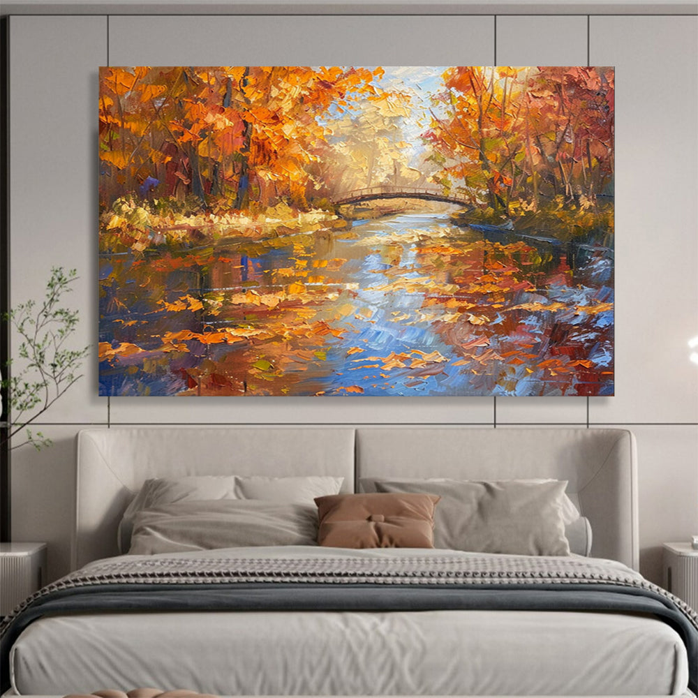 Autumn Forest River & Bridge - Cozy Living Room or Office Art DLZ196