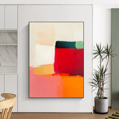 Contemporary hand-painted abstract artwork featuring vibrant reds pinks oranges yellows and whites creating a serene minimalist landscape with soft edges and subtle gradients. DLZ1361