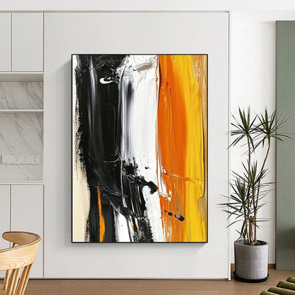 Large contemporary hand-painted abstract artwork featuring striking black white and orange with accents of light yellow on a beige background. DLZ0526