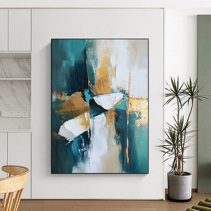 Contemporary abstract painting featuring teal and white tones with gold accents. High-resolution artwork with dramatic lighting and atmospheric quality for stunning visuals. DLZ0444