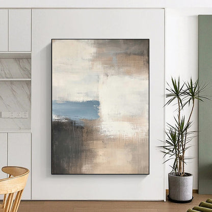 Contemporary hand-painted abstract art featuring soft beige and gray tones accented with hints of blue, perfect for enhancing any modern space. DLZ1057