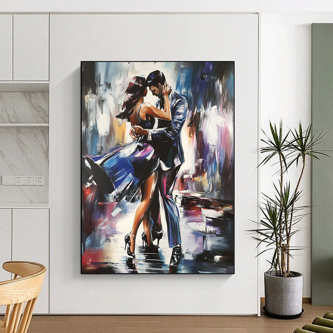 Contemporary hand-painted abstract artwork featuring two figures dancing the tango with dynamic brush strokes and intricate detailing in a striking composition. DLZ1659