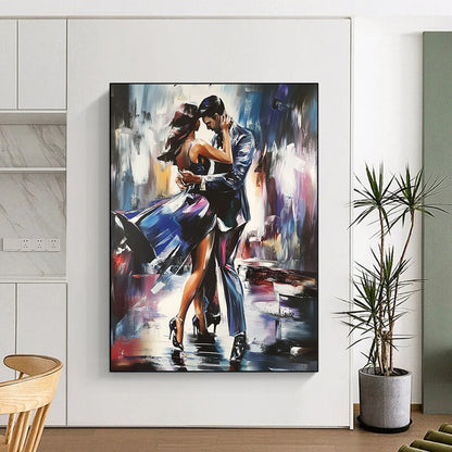 Contemporary hand-painted abstract artwork featuring two figures dancing the tango with dynamic brush strokes and intricate detailing in a striking composition. DLZ1659