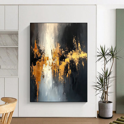 Contemporary hand-painted abstract art featuring black and gold tones with dynamic brushstrokes creating a mysterious urban landscape and intricate depth. DLZ0699