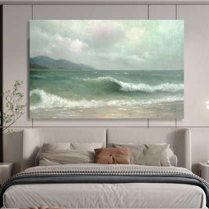 “Misty Sea Beach” - Green, Gray, Sea, Beach, Mountains Painting On Canvas HB0755