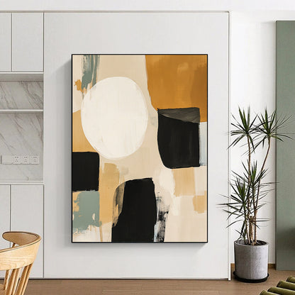 Contemporary hand-painted abstract art features beige black and sage green shapes with a large white circle and expressive brush strokes in mixed media. DLZ0794