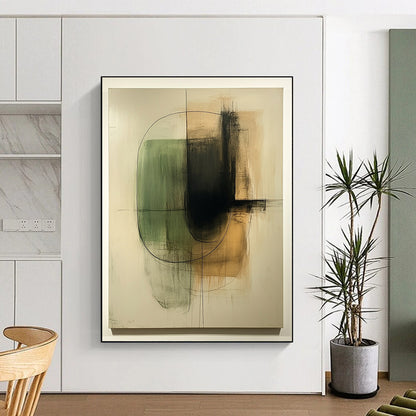 Contemporary hand-painted abstract art featuring organic shapes in green and beige on a textured white canvas with thin black lines and earth tones. DLZ1582