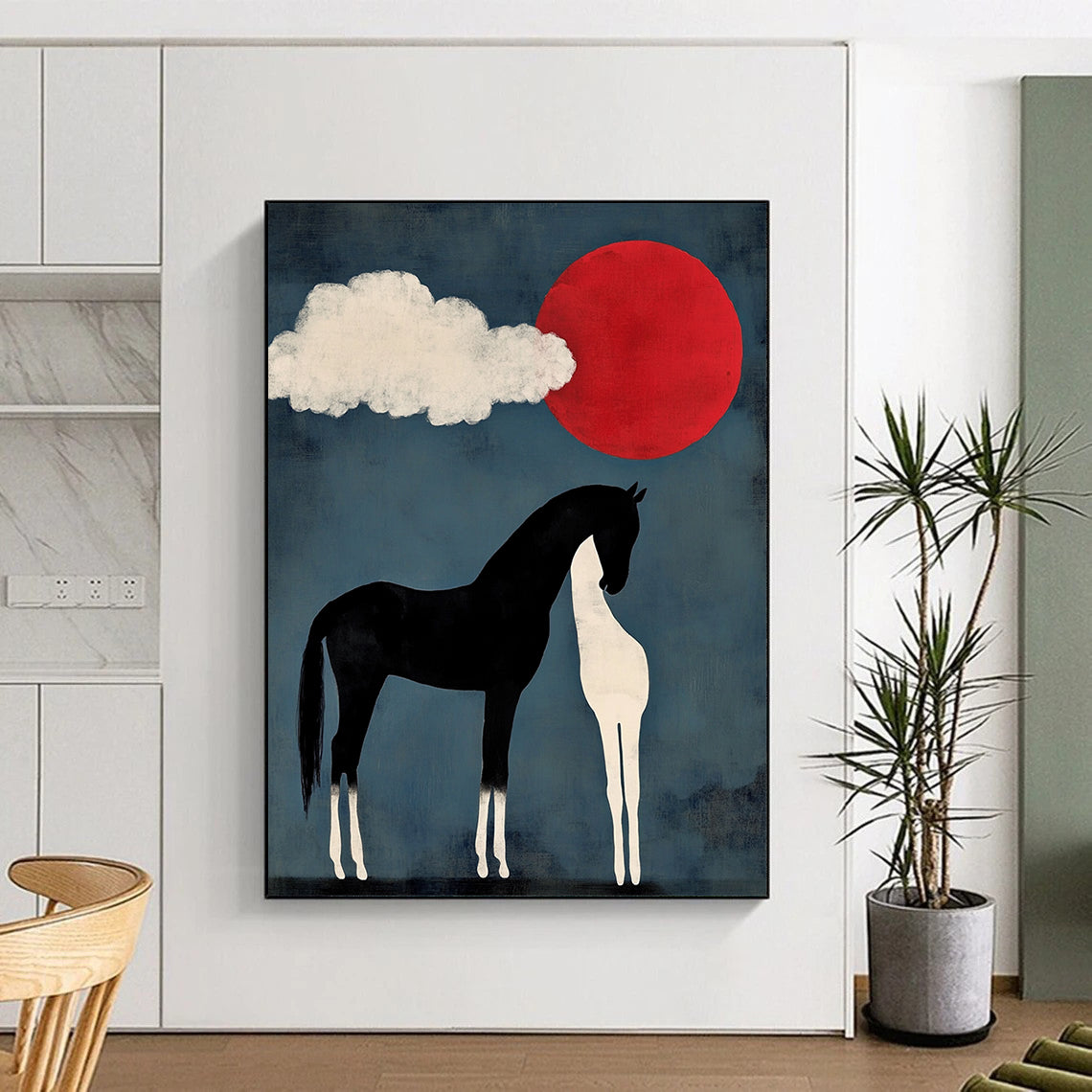Contemporary abstract art featuring a black horse with white legs and tail beside a cloud shaped like two heads with a red sun setting in a blue sky. DLZ1147