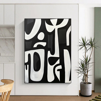 Large contemporary hand-painted abstract artwork featuring bold white shapes on a black background with minimalist design and elegant simplicity. DLZ1426