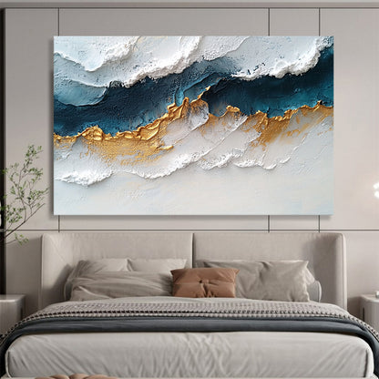 “Elegant Gold - Blue Textures” - White, Blue, Gold, Textured Abstract Painting On Canvas HB0731