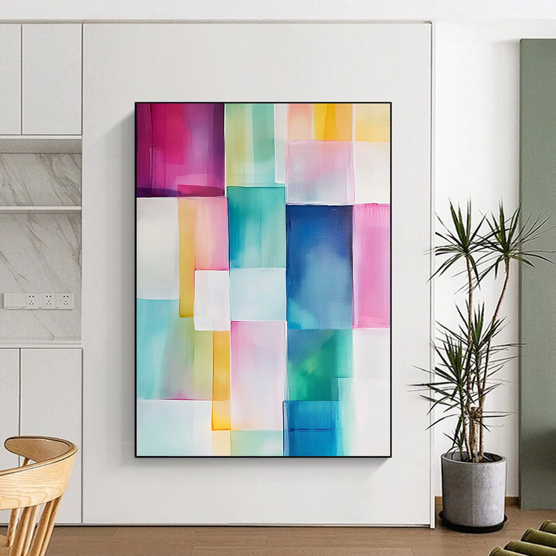 Contemporary hand-painted abstract art featuring geometric blocks of soft pink, blue, green, yellow, and white with translucent shapes and smooth edges. DLZ0911