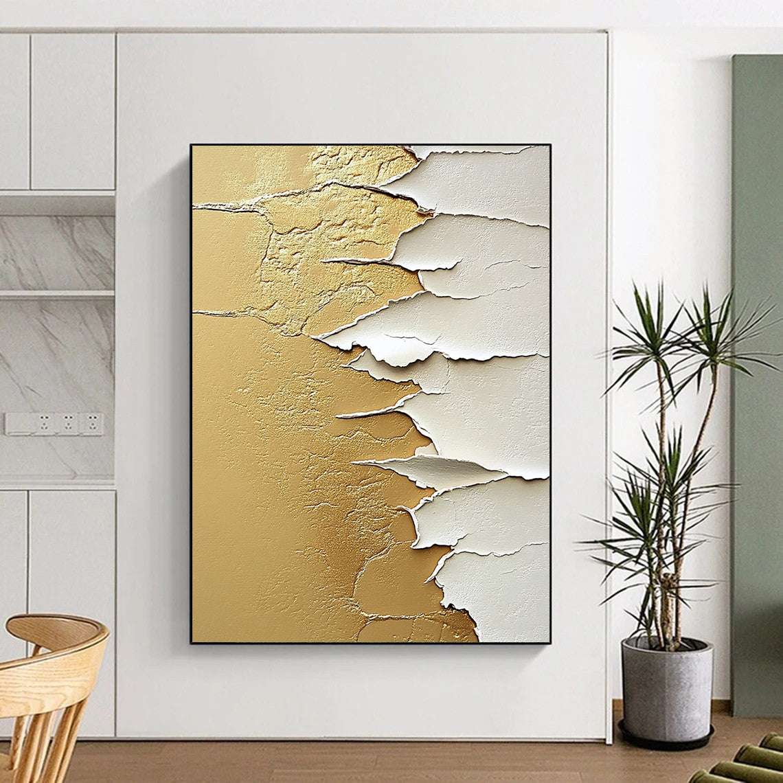 Contemporary abstract painting features textured white paper on golden sand with intricate details in beige and gold tones creating a captivating composition. DLZ1439