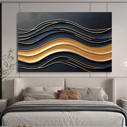“3D Black - Gold Wavy Relief” - Black, Gold, 3D Wavy Textures Painting On Canvas HB0795