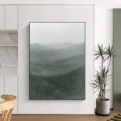 Contemporary hand-painted abstract artwork showcasing misty rugged mountains in serene greens and grays with an ethereal light, inviting solitude and mystery. DLZ0845