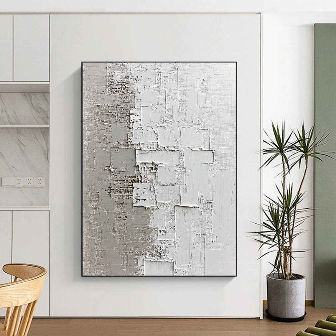 Contemporary hand-painted abstract artwork showcasing textured light gray and dark beige shades on a dark plaster background, evoking tranquility and depth. DLZ0832