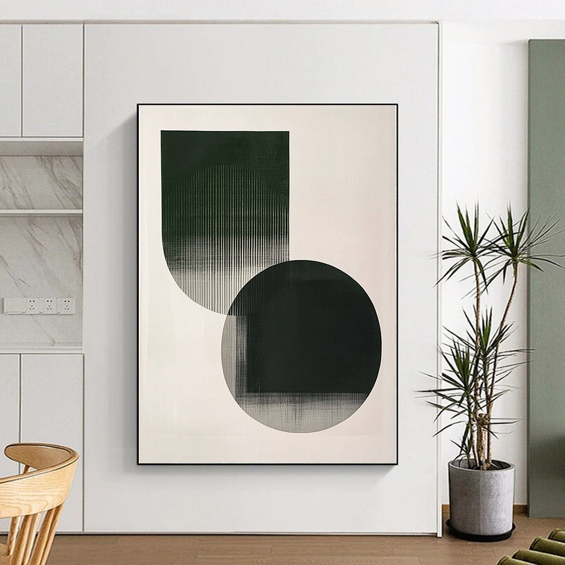 Contemporary abstract art featuring minimalistic shapes in emerald green and grey with delicate strokes on a serene white background. DLZ1621