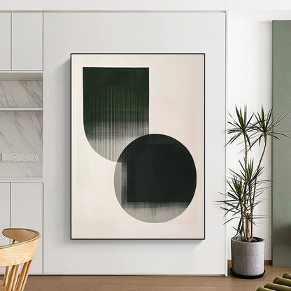 Contemporary abstract art featuring minimalistic shapes in emerald green and grey with delicate strokes on a serene white background. DLZ1621