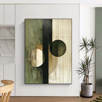 Contemporary abstract artwork featuring circles and lines in beige olive green white and black showcasing deconstructed geometric elements on canvas texture. DLZ0375