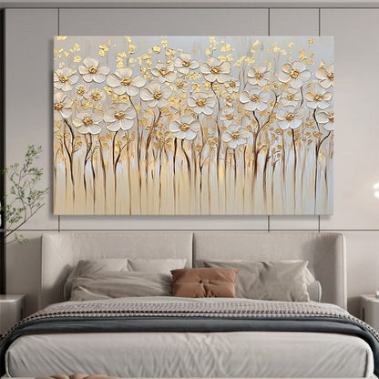 “Gold - Accented White Flowers” - White, Gold, Beige, Textured White Flowers with Gold Details - Impasto Oil Painting HB1781